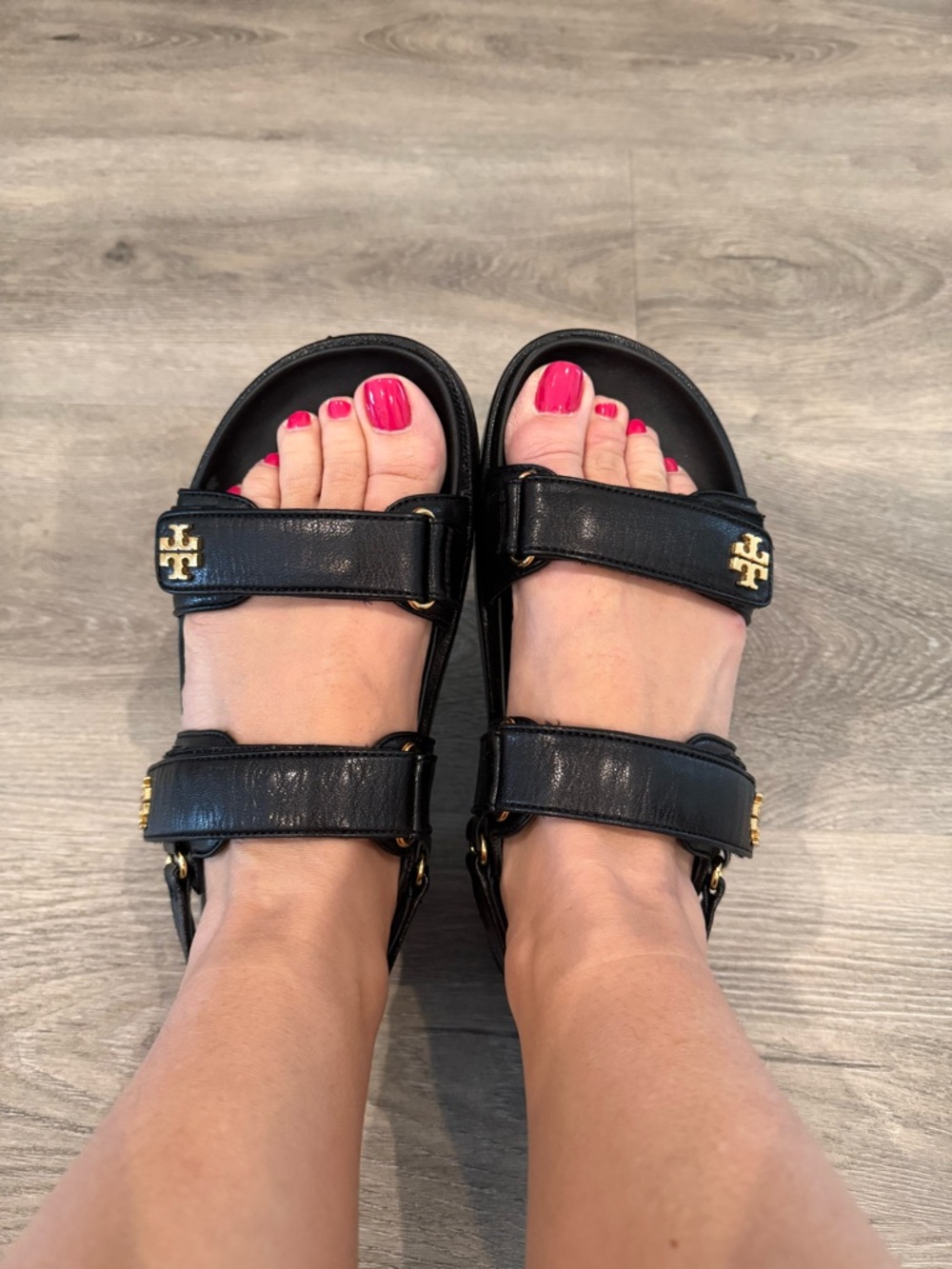 Tory Burch Black Leather Velcro Men's Sandals with Gold Logo